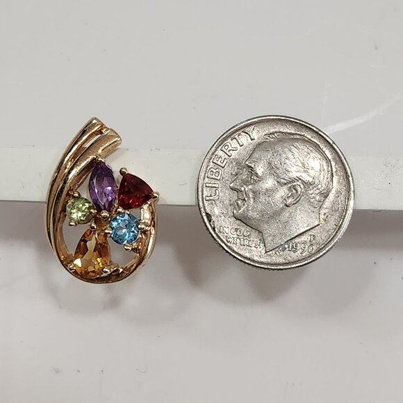 10K Solid Yellow Gold Multi Semi Precious Stone Cluster Pierced Earrings